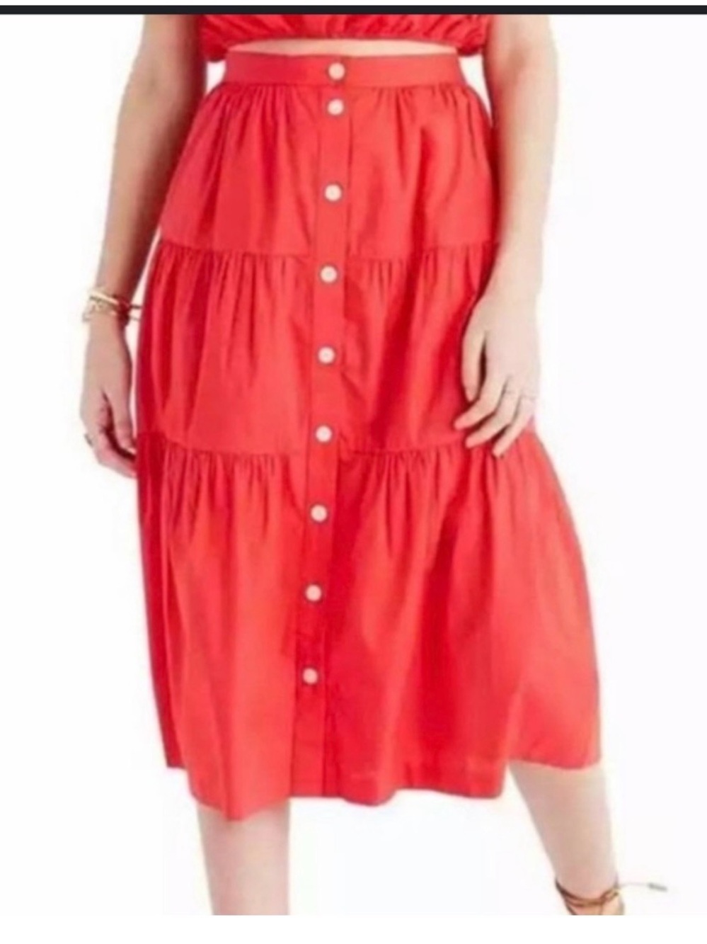 Madewell Red Button-Front Tiered Midi Skirt - Picture 2 of 8